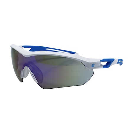Ge Safety Glasses, Anti-Fog, Blue Mirror Lens, White/Blue Frame GE110BAF